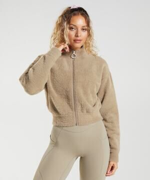 GYMSHARK x WHITNEY SIMMONS Eyelash Knit Jacket Cement Brown Size M Cropped